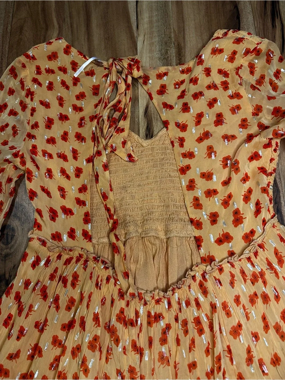 Free People M Golden Orange Floral Mini Dress Smocked Metallic Long Sleeve Boho